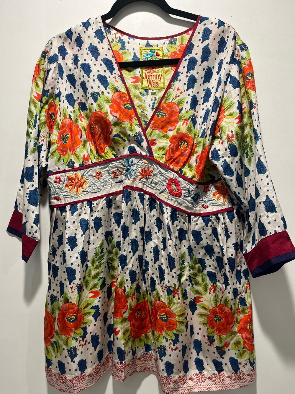 Johnny Was Silk White Tunic Dress with Red Orange Floral & Blue Dot Print